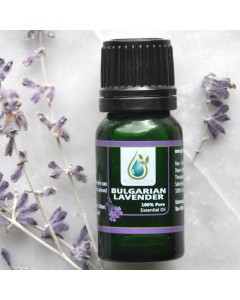 A bulgarian essential oil bottle surrounded by lavender flower stems and flowers.
